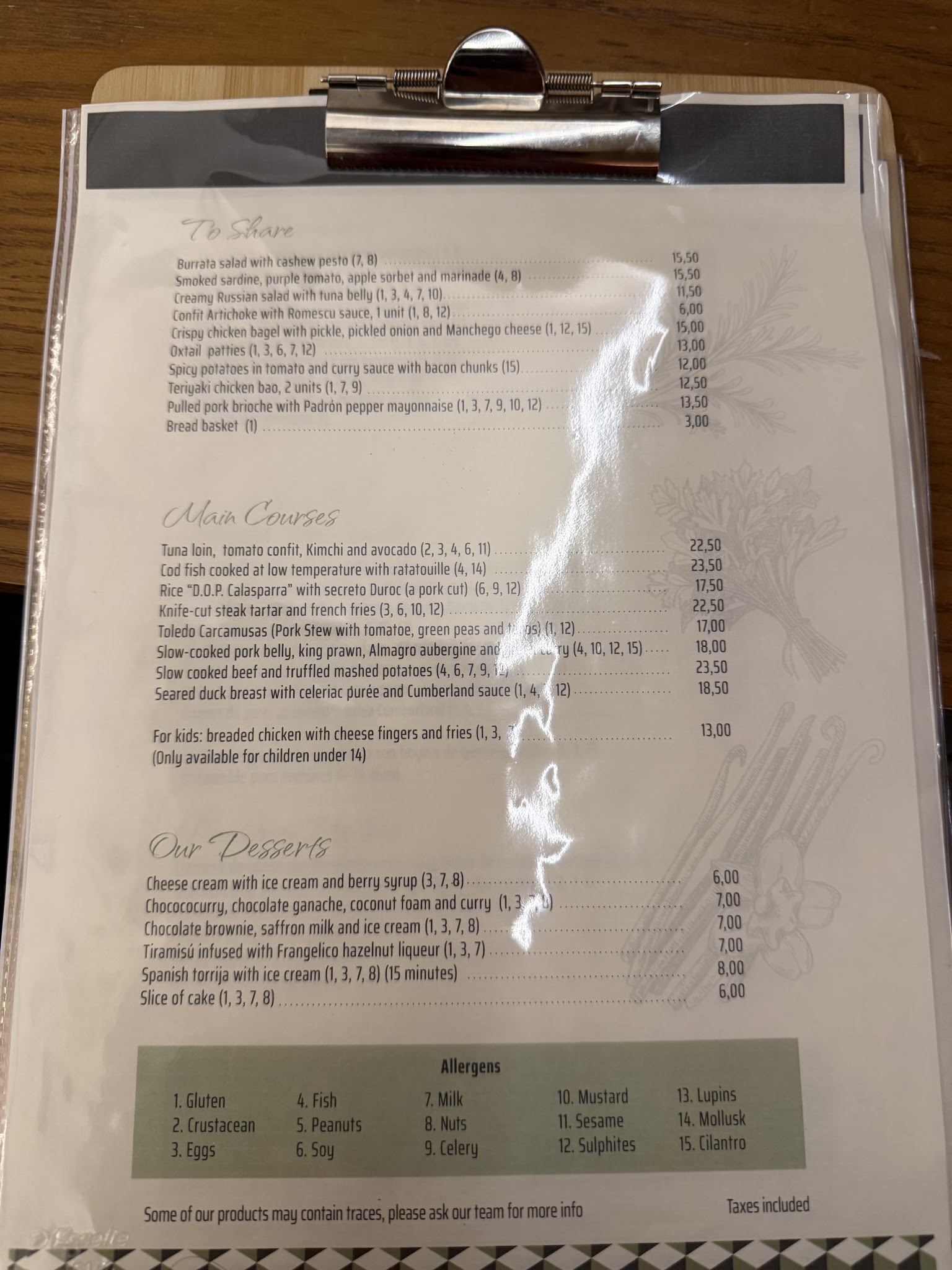 Carta del Restaurante Dominica