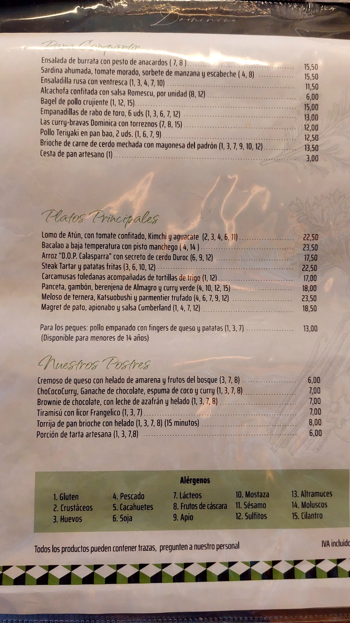 Carta del Restaurante Dominica