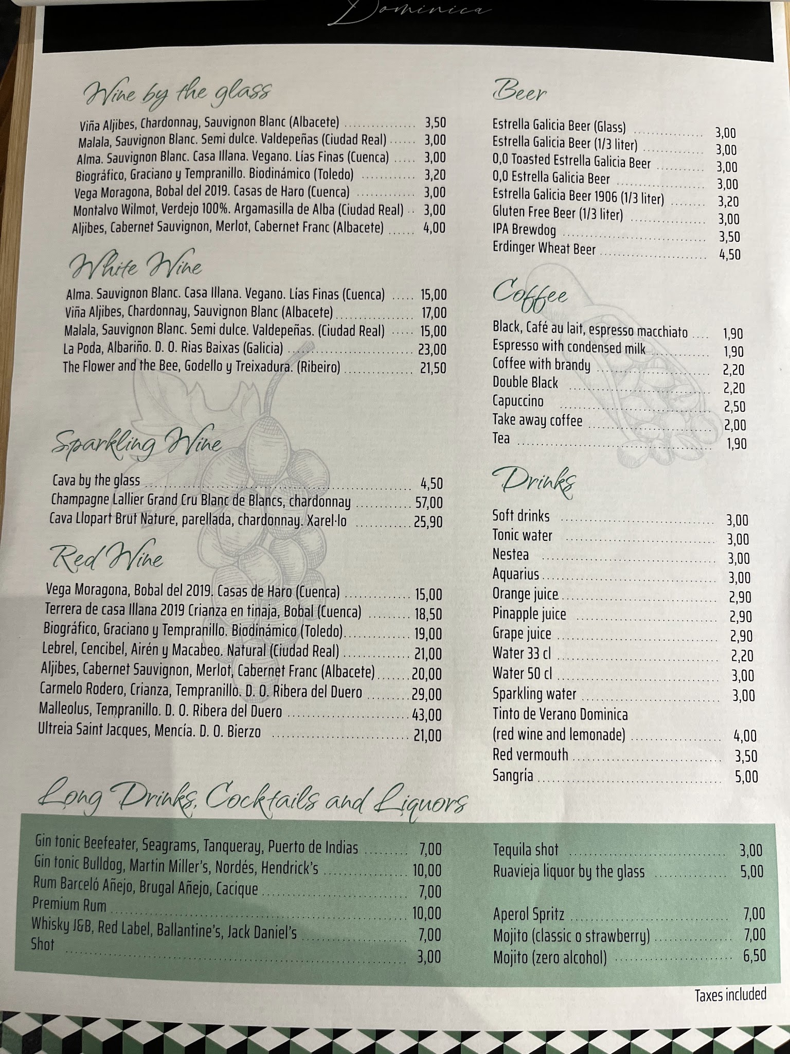 Carta del Restaurante Dominica
