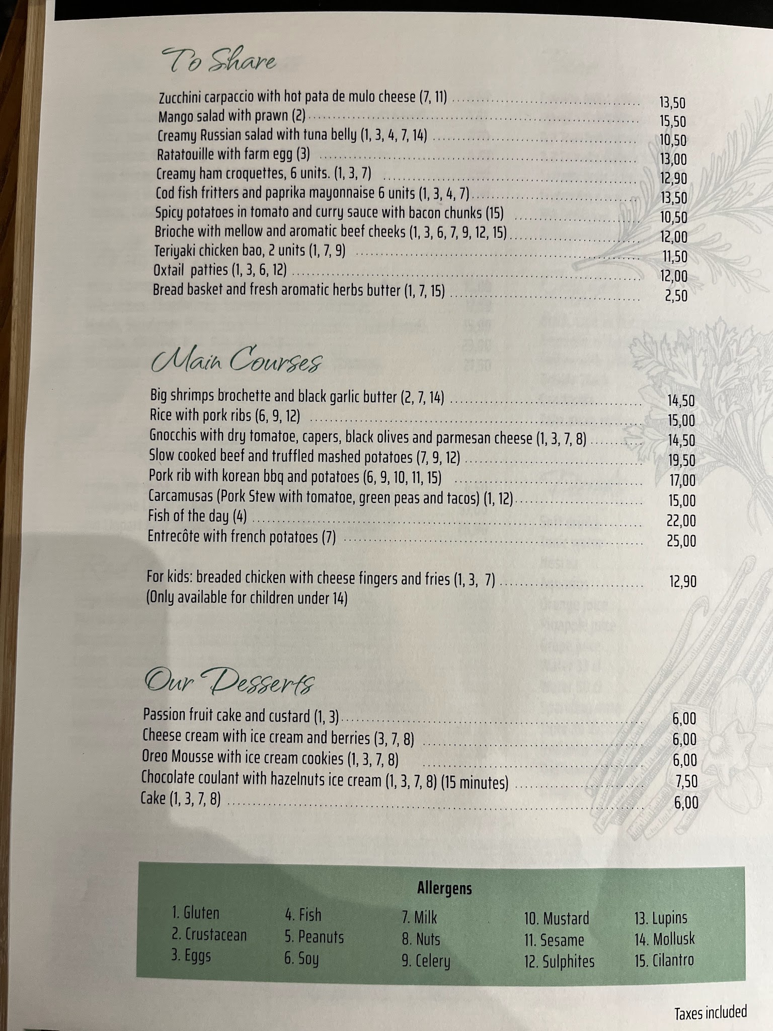 Carta del Restaurante Dominica