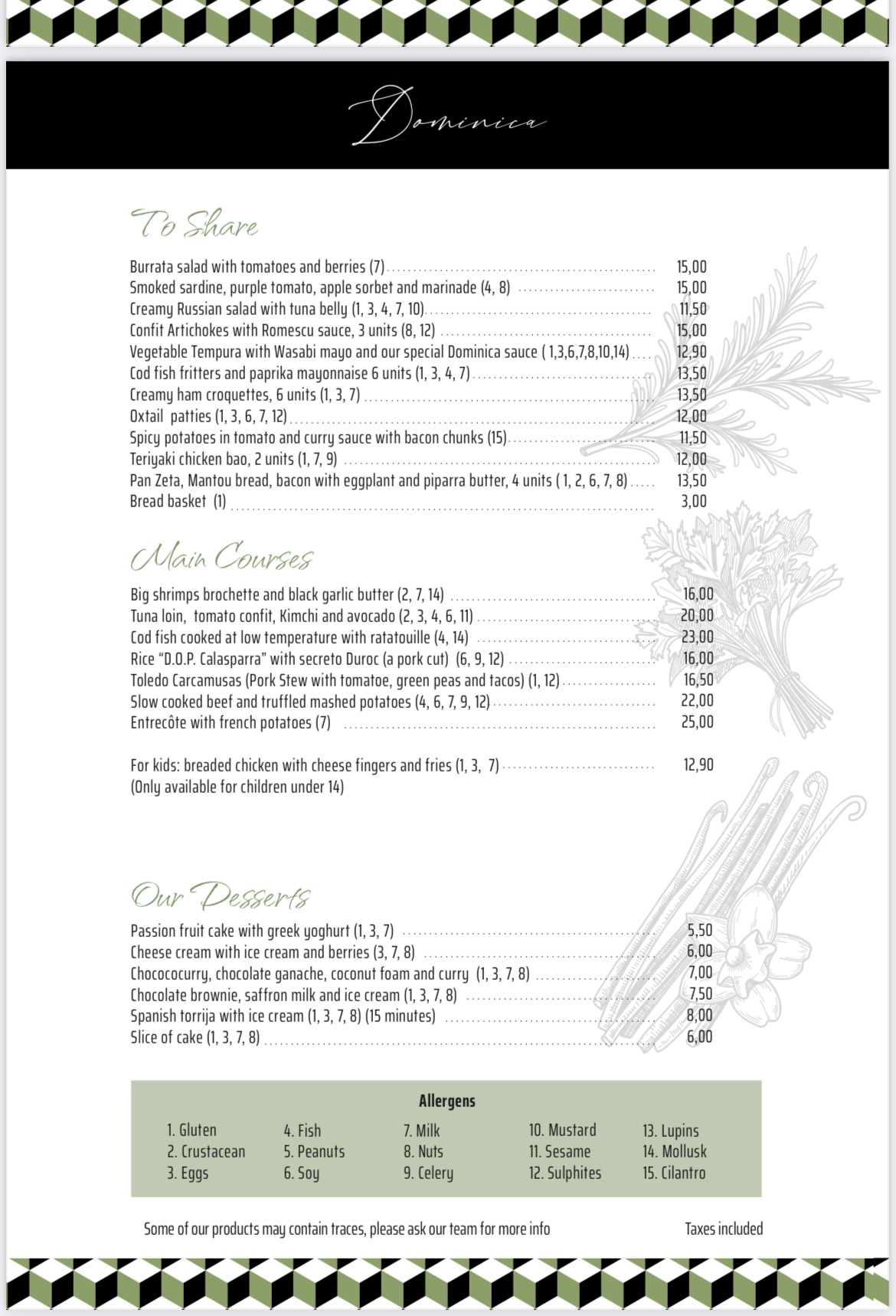Carta del Restaurante Dominica