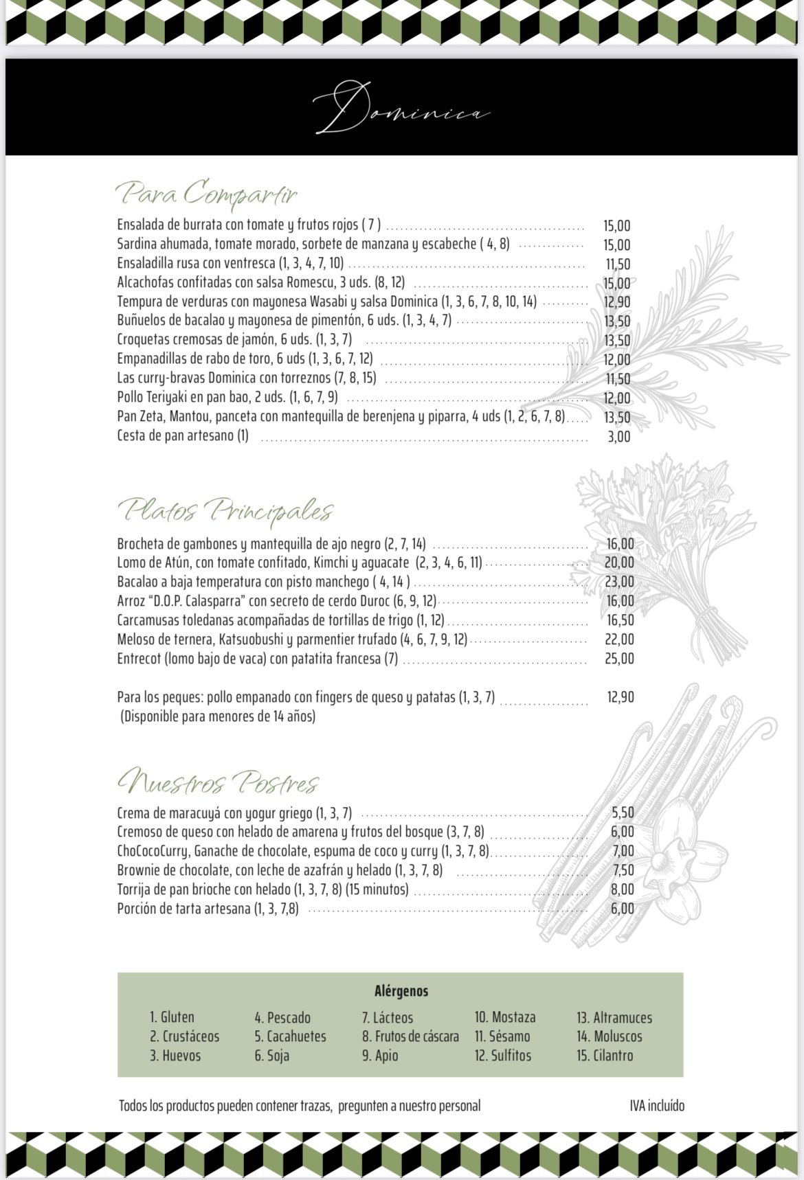 Carta del Restaurante Dominica