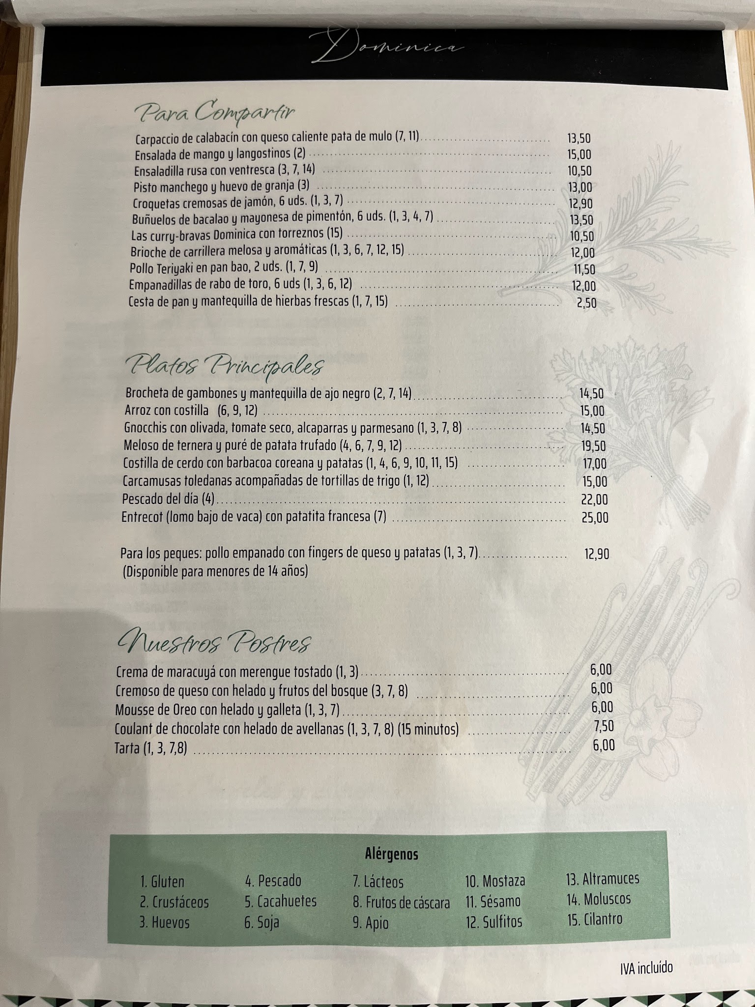 Carta del Restaurante Dominica