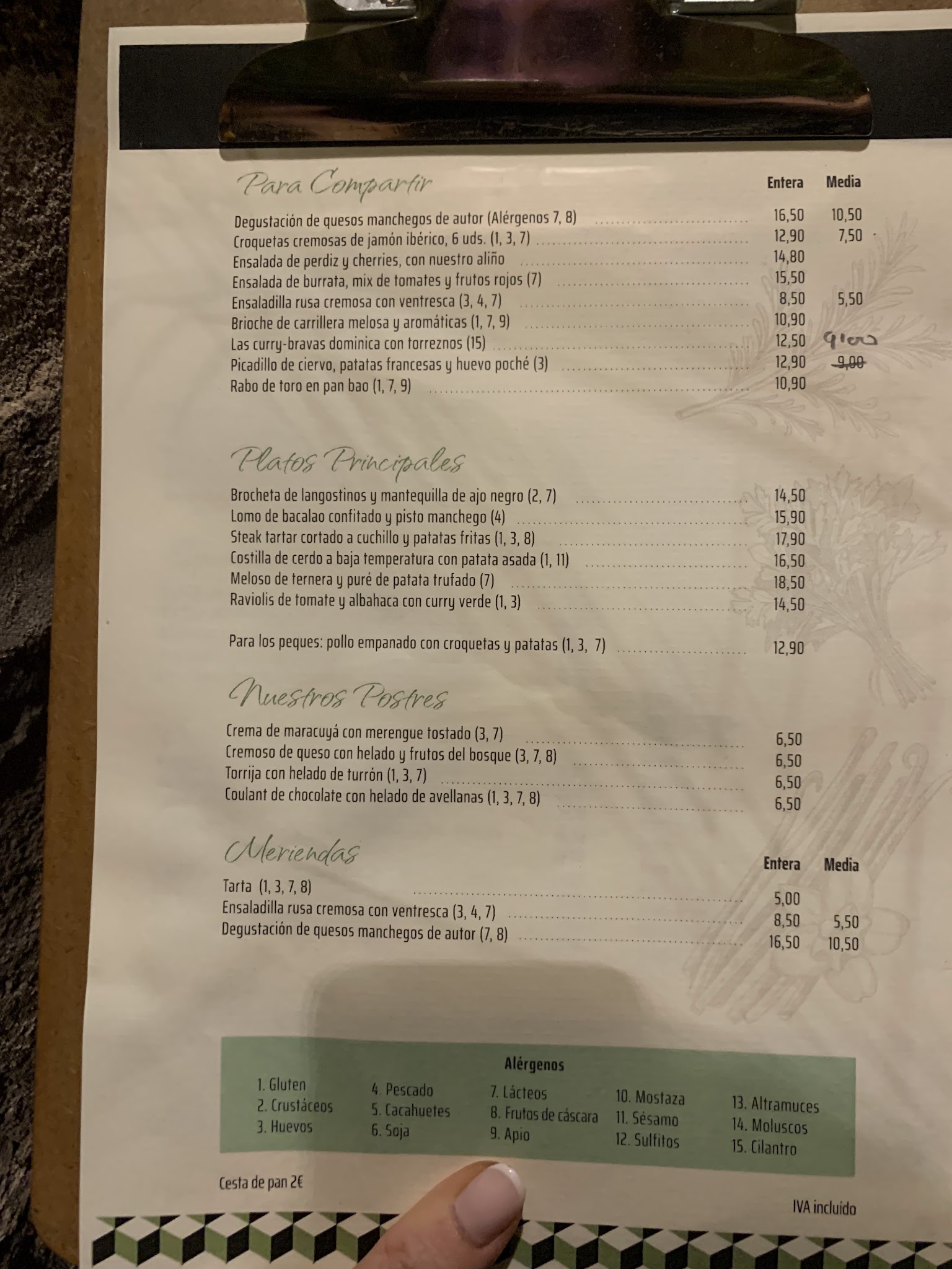 Carta del Restaurante Dominica