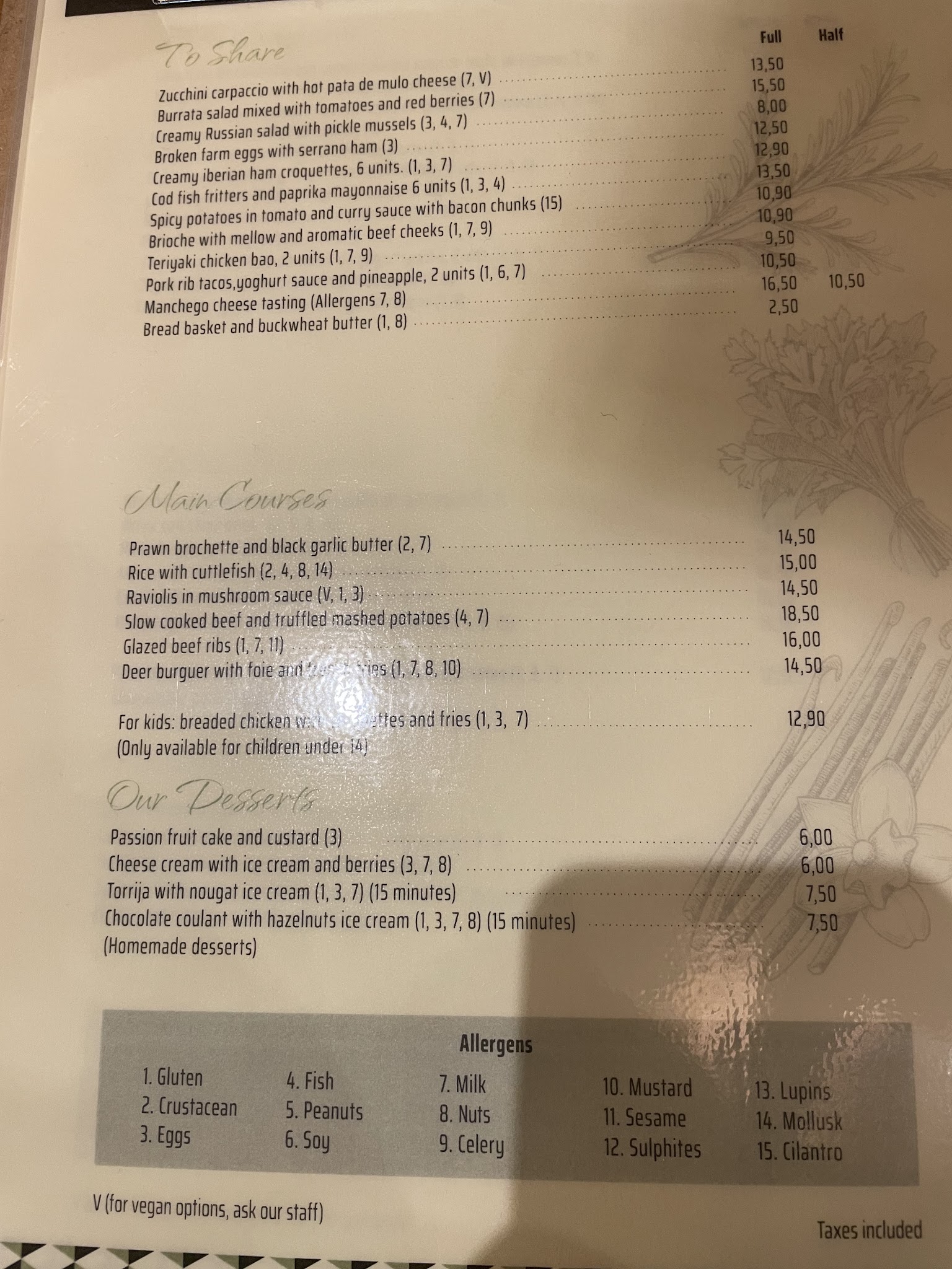 Carta del Restaurante Dominica